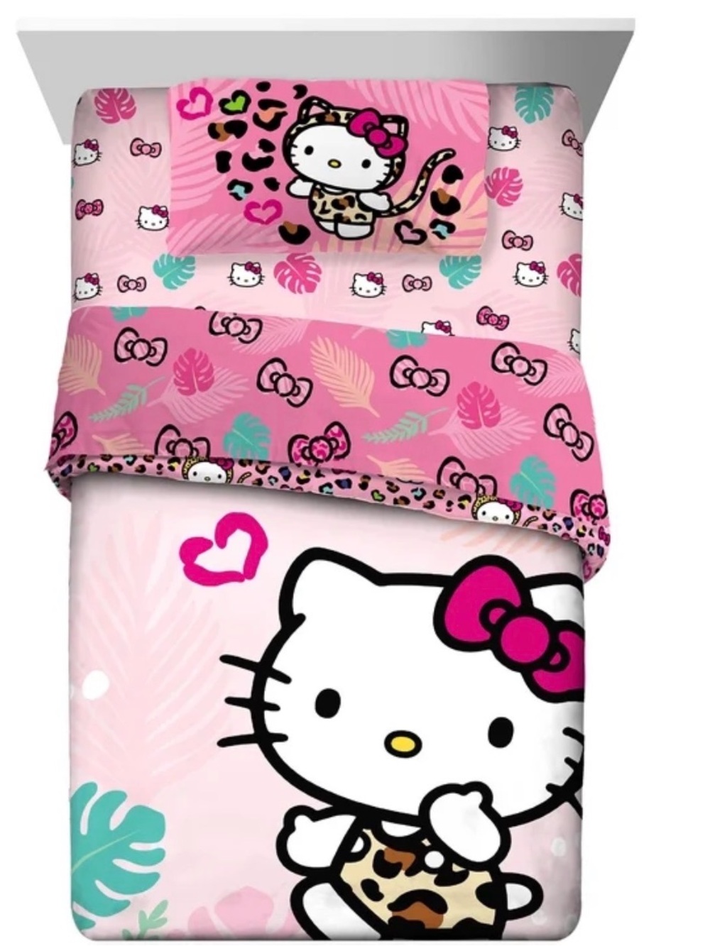 Hello Kitty Pink Kids twin Bedding Set with Tropical Print 4 piece set.
